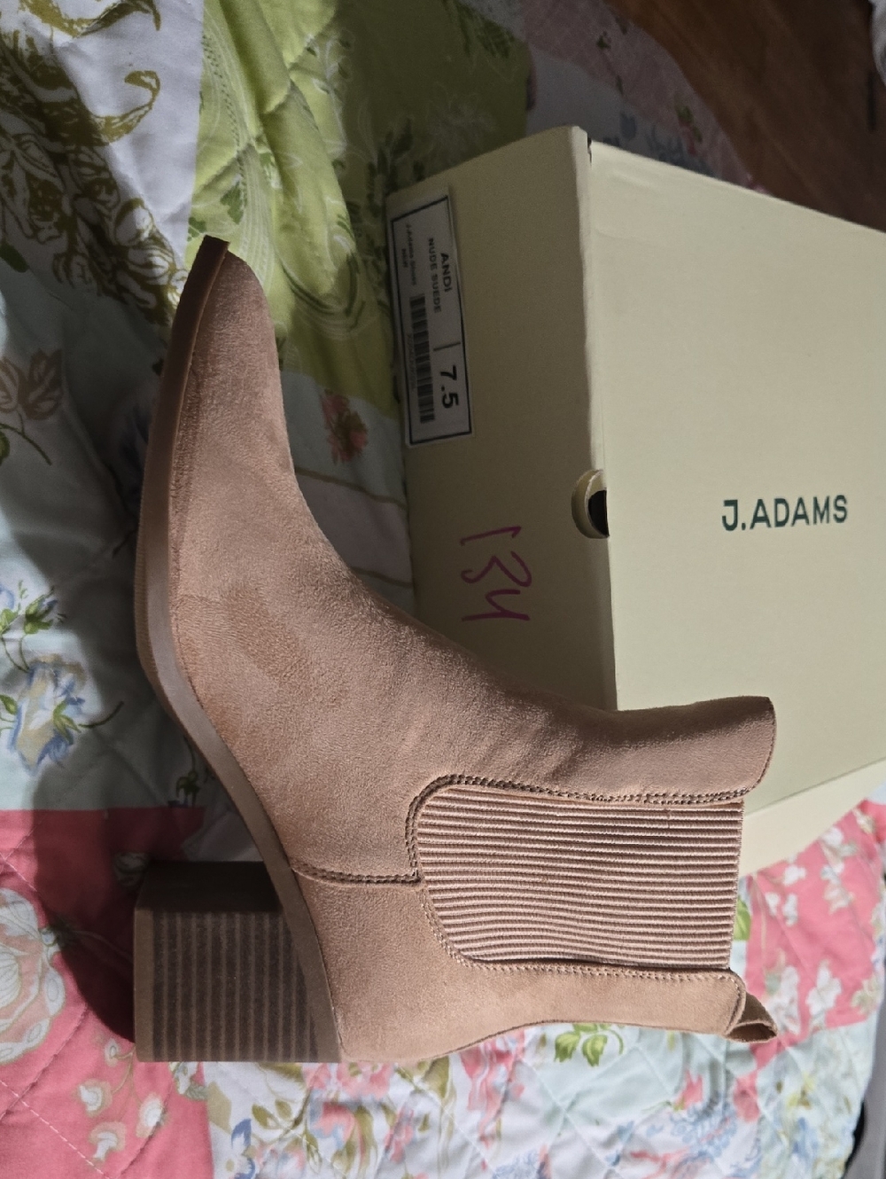 J. Adams Taupe Suede Elastic-Side Block Heel Ankle Boot
